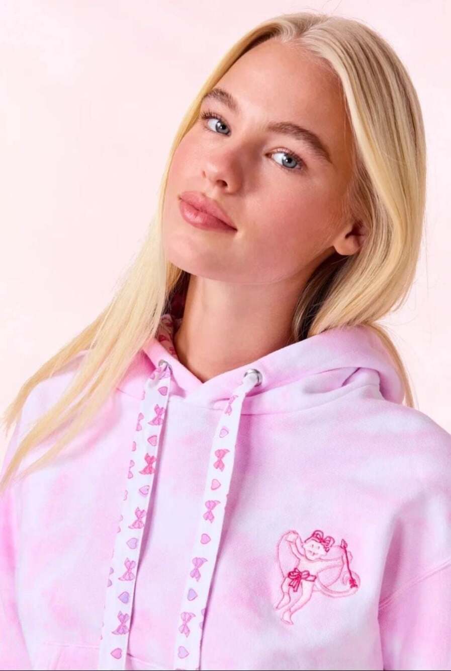 LoveShackFancy x Roller Rabbit Disco Bow Pink Tie-Dye Cropped Hoodie XS